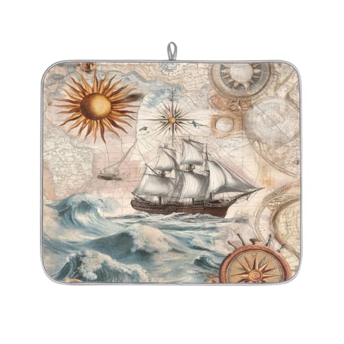 Mexpekil Abtropfmatte mit nautischen Schiffskompassen, saugfähige Abtropfmatte, Küchentheke, rutschfeste Abtropfmatte für Geschirr, Regale, Tassen, Pfannen, 40,6 x 45,7 cm von Mexpekil