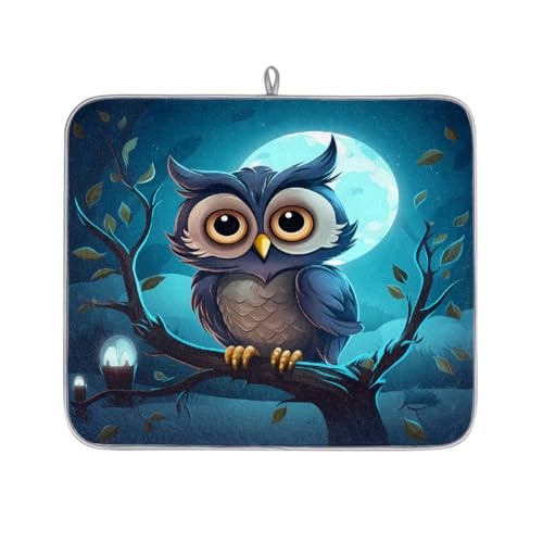 Mexpekil Abtropfmatte mit niedlichem Cartoon-Motiv, Halloween-Eule, Mond, saugfähig, für Küchentheke, rutschfeste Abtropfmatten für Geschirr, Regale, Tassen, Pfannen, 40,6 x 45,7 cm von Mexpekil
