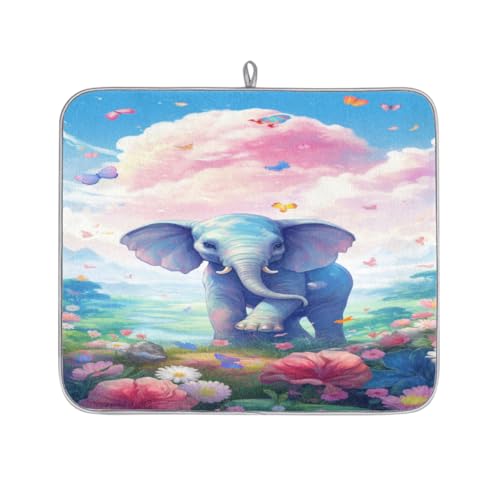 Mexpekil Abtropfmatte mit niedlichem Elefanten-Schmetterling, Frühlingsblumen, saugfähiges Abtropfpad, Küchentheke, rutschfeste Abtropfmatte für Geschirr, Regale, Tassen, Pfannen, 40,6 x 45,7 cm von Mexpekil