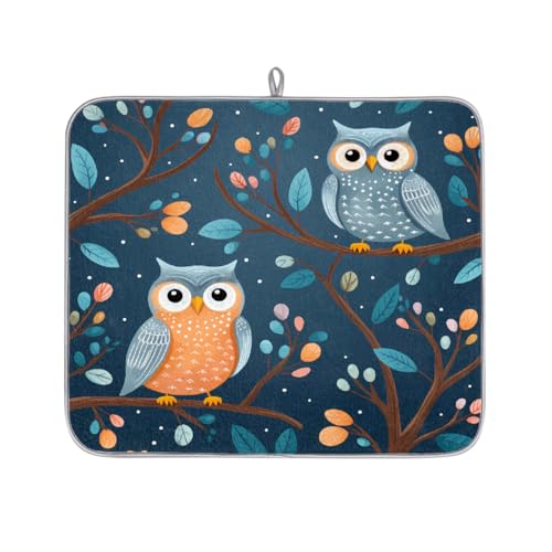 Mexpekil Abtropfmatte mit niedlichem Tiermotiv und Eulenblättern, saugfähig, für Küchentheke, rutschfeste Abtropfmatten für Geschirr, Regale, Tassen, Pfannen, 40,6 x 45,7 cm von Mexpekil