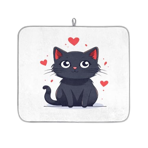Mexpekil Abtropfmatte mit niedlicher schwarzer Katze, Herzmotiv, saugfähig, für Küchentheke, rutschfeste Abtropfmatten für Geschirr, Tassen, Pfannen, 40,6 x 45,7 cm von Mexpekil