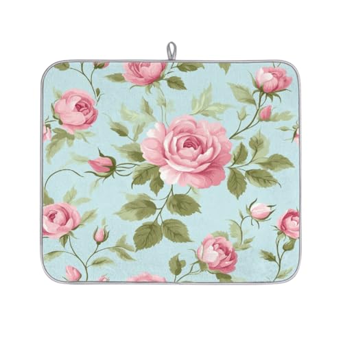 Mexpekil Abtropfmatte mit rosafarbenen grünen Rosen, saugfähige Abtropfmatte für Küchentheke, rutschfeste Abtropfmatten für Geschirr, Tassen, Pfannen, 40,6 x 45,7 cm von Mexpekil
