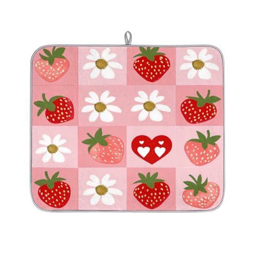 Mexpekil Abtropfmatte mit rosafarbenen und weißen Blumen und Erdbeeren, saugfähige Abtropfmatte, Küchentheke, rutschfeste Abtropfmatten für Geschirr, Regale, Tassen, Pfannen, 40,6 x 45,7 cm von Mexpekil