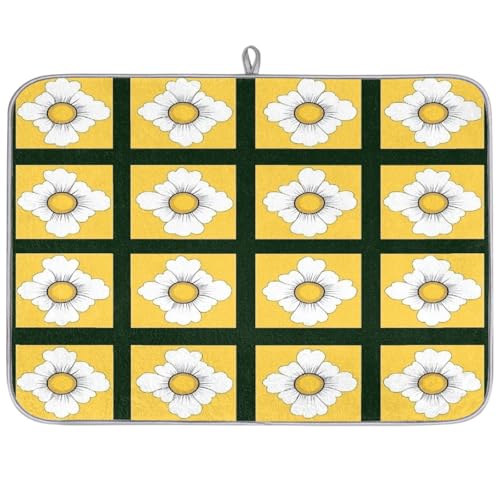 Mexpekil Abtropfmatten für die Küche, 45,7 x 61 cm, saugfähig, Küchen-Abtropfmatte, gelb-weißes Karomuster mit Gänseblümchen, Kaffee-Bar-Pad für Arbeitsplatten, Spüle, Haustiere von Mexpekil