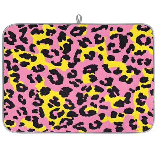 Mexpekil Abtropfmatten für die Küche, 45,7 x 61 cm, saugfähig, Küchenabtropfmatte, gelb-rosa, Leopardenmuster, Kaffee-Bar-Pad für Arbeitsplatten, Spüle, Haustiere von Mexpekil