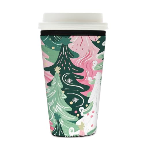 Mexpekil Art Pink Green Christmas Tree Wiederverwendbare Eiskaffeehülle für heiße und kalte Getränke, isolierte Neopren-Getränkehüllen, passend für 625 - 680 ml von Mexpekil