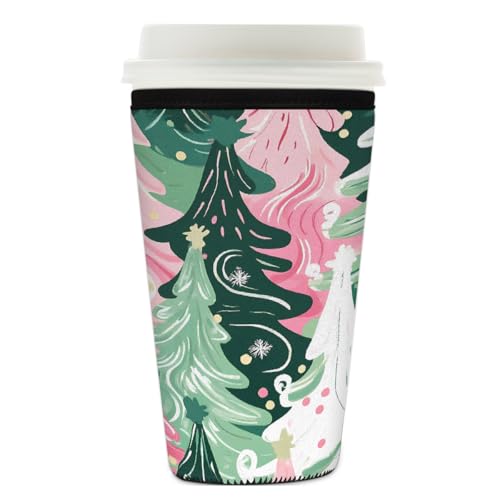 Mexpekil Art Pink Green Christmas Tree Wiederverwendbare Eiskaffeehülle für heiße und kalte Getränke, isolierte Neopren-Getränkehüllen, passend für 740-800 ml von Mexpekil