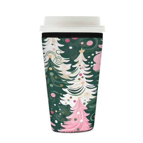 Mexpekil Art Pink Green Xmas Tree Wiederverwendbare Eiskaffeehülle für heiße und kalte Getränke, isolierte Neopren-Getränkehüllen, passend für 473 - 510 ml von Mexpekil