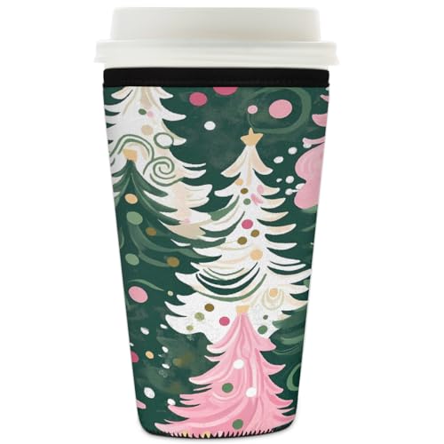 Mexpekil Art Pink Green Xmas Tree Wiederverwendbare Eiskaffeehülle für heiße und kalte Getränke, isolierte Neopren-Getränkehüllen, passend für 907 ml von Mexpekil