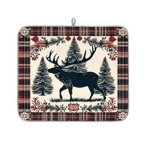 Mexpekil Buffalo Plaid Hirsch Geschirrabtropfmatte, saugfähige Abtropfmatte für Küchentheke, rutschfeste Abtropfmatten für Geschirr, Regale, Tassen, Pfannen, 40,6 x 45,7 cm von Mexpekil