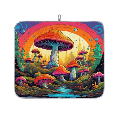 Mexpekil Bunte Pilze Fantasy Abtropfmatte, saugfähige Abtropfmatte für Küchentheke, rutschfeste Abtropfmatten für Geschirr, Regale, Tassen, Pfannen, 40,6 x 45,7 cm von Mexpekil