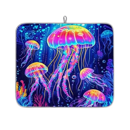 Mexpekil Bunte Quallen-Abtropfmatte, saugfähige Abtropfmatte, Küchentheke, rutschfeste Abtropfmatte für Geschirr, Tassen, Pfannen, 40,6 x 45,7 cm von Mexpekil