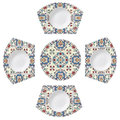 Mexpekil Bunte ethnische marokkanische Mandala-Platzsets, Set mit 4 Stück, für runde Tischkeil-Tischsets mit Mittelstück, hitzebeständig, waschbar, Tellermatten für Küche (5 Stück) von Mexpekil