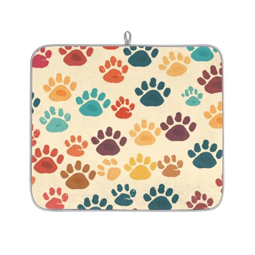 Mexpekil Bunte handgezeichnete Hundepfoten-Abtropfmatte, saugfähige Abtropfmatte, Küchentheke, rutschfeste Abtropfmatte für Geschirr, Regale, Tassen, Pfannen, 40,6 x 45,7 cm von Mexpekil