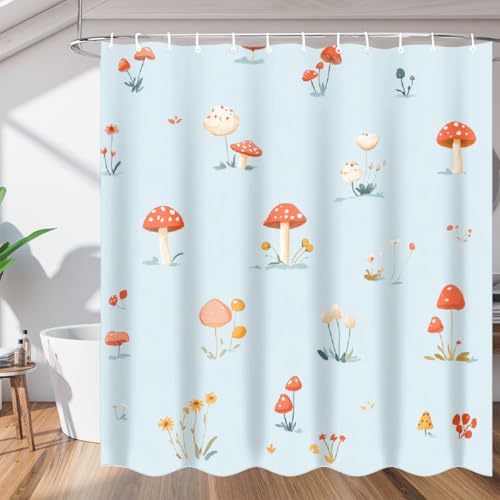Mexpekil Duschvorhang, Badezimmer Duschvorhang 168 x 183 cm, wasserdichte Polyester Badewannenvorhänge mit Ösen & Haken, süßer Pilz von Mexpekil