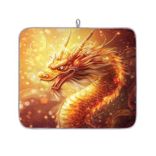 Mexpekil Golden Dragon Abtropfmatte, saugfähige Abtropfmatte, Küchentheke, rutschfeste Abtropfmatten für Geschirr, Tassen, Pfannen, 40,6 x 45,7 cm von Mexpekil