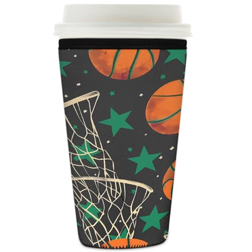 Mexpekil Green Stars Sports Basketball wiederverwendbare Eiskaffeehülle für heiße und kalte Getränke, isolierte Neopren-Getränkehüllen, passend für 907 ml von Mexpekil