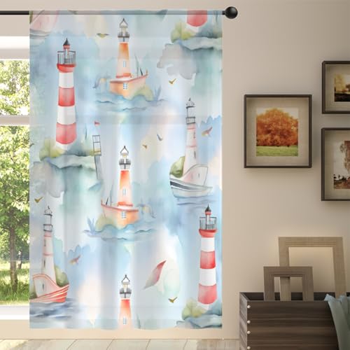 Mexpekil Halbtransparente Vorhänge für Wohnzimmer, Schlafzimmer, Küche, 140 cm breit, 1 Paneel, Aquarell Leuchtturm von Mexpekil