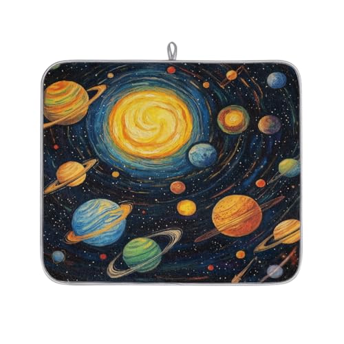 Mexpekil Handgezeichnetes Sonnensystem Planeten Abtropfmatte, saugfähige Abtropfmatte für Küchentheke, rutschfeste Abtropfmatten für Geschirr, Regale, Tassen, Pfannen, 40,6 x 45,7 cm von Mexpekil