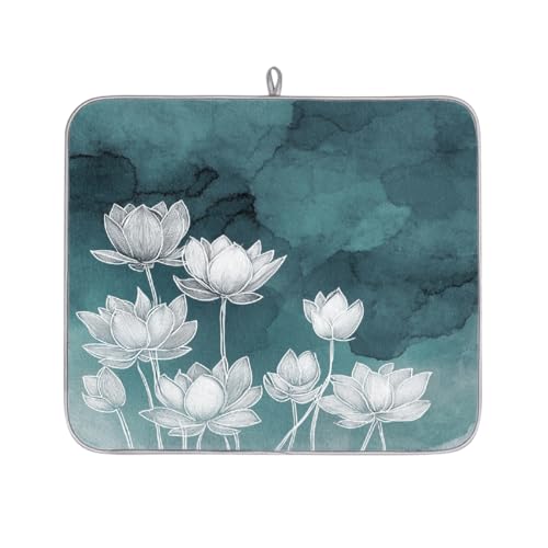 Mexpekil Ink Lotus Flower Abtropfmatte, saugfähige Abtropfmatte, Küchentheke, rutschfeste Abtropfmatten für Geschirr, Tassen, Pfannen, 40,6 x 45,7 cm von Mexpekil