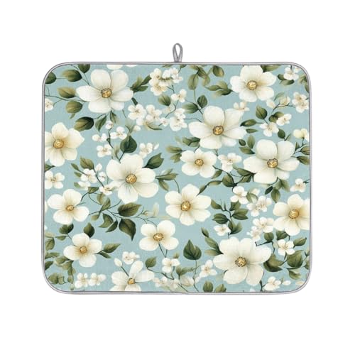 Mexpekil Kleine weiße Blumen Abtropfmatte, saugfähige Abtropfmatte für Küchentheke, rutschfeste Abtropfmatten für Geschirr, Tassen, Pfannen, 40,6 x 45,7 cm von Mexpekil