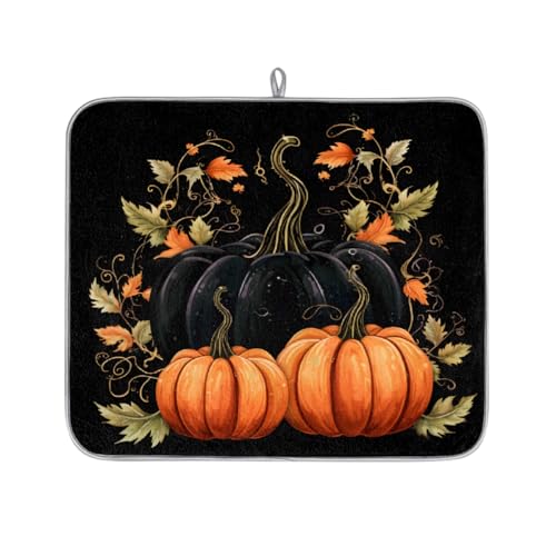 Mexpekil Mikrofaser-Abtropfmatte für Küche, Orange und Schwarz, Kürbisranken, Abtropfmatte, Kaffeemaschine, saugfähige Abtropfpads für Spüle, Kaffeebar, 40,6 x 45,7 cm von Mexpekil