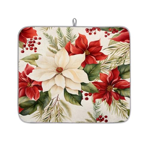 Mexpekil Mikrofaser-Abtropfmatte für Küche, Weihnachtsstern, Blumen und Stechpalmenbeeren, Abtropfmatte, Kaffeemaschine, saugfähige Trockenpads für Spüle, Kaffeebar, 40,6 x 45,7 cm von Mexpekil