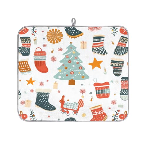 Mexpekil Mikrofaser-Abtropfmatte für Küche, Weihnachtsstrumpf und Bäume, Abtropfmatte, Kaffeemaschine, saugfähige Trockenpads für Spüle, Kaffeebar, 40,6 x 45,7 cm von Mexpekil
