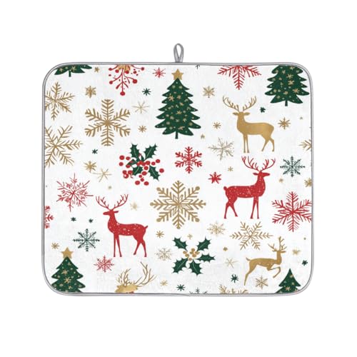 Mexpekil Mikrofaser-Abtropfmatte für Küche, goldene rote Schneeflocken und Hirsche, Abtropfmatte, Kaffeemaschine, saugfähige Trockenpads für Spüle, Kaffeebar, 40,6 x 45,7 cm von Mexpekil