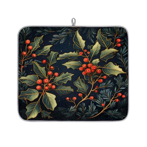 Mexpekil Mikrofaser-Abtropfmatte für Küche, grünes Stechpalmenblatt und Beeren, Abtropfmatte, Kaffeemaschine, saugfähige Abtropfpads für Spüle, Kaffeebar, 40,6 x 45,7 cm von Mexpekil