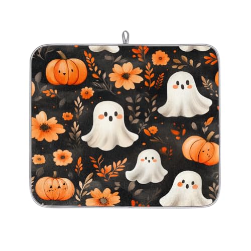 Mexpekil Mikrofaser-Abtropfmatte für Küche, niedliche Geister und Kürbisse, Blumen-Abtropfmatte, Kaffeemaschine, saugfähige Trockenpads für Spüle, Kaffeebar, 40,6 x 45,7 cm von Mexpekil