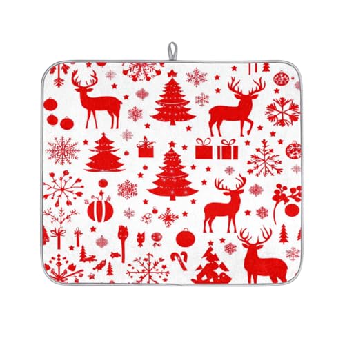 Mexpekil Mikrofaser-Abtropfmatte für Küche, rote Weihnachtsbäume, Hirsche und Schneeflocken, Abtropfmatte, Kaffeemaschine, saugfähige Trockenpads für Spüle, Kaffeebar, 40,6 x 45,7 cm von Mexpekil