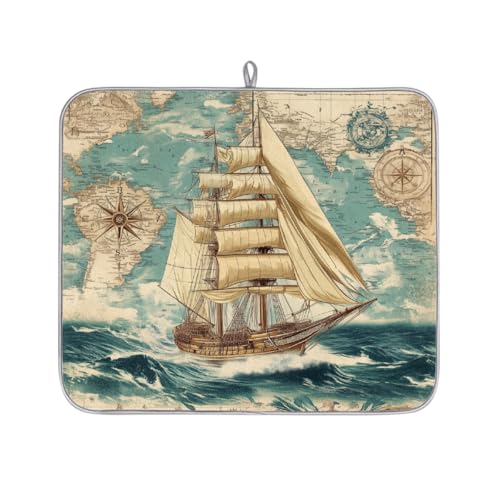 Mexpekil Nautische Karte mit Clipper, Schiffskompass, Abtropfmatte, saugfähige Abtropfmatte, Küchentheke, rutschfeste Abtropfmatten für Geschirr, Regale, Tassen, Pfannen, 40,6 x 45,7 cm von Mexpekil