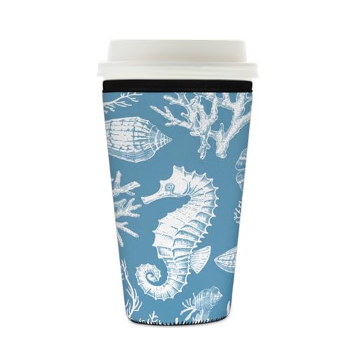 Mexpekil Ocean Seepferdchen Coral Seashell wiederverwendbare Eiskaffeehülle für heiße und kalte Getränke, isolierte Neopren-Getränkehüllen, passend für 473 - 510 ml von Mexpekil