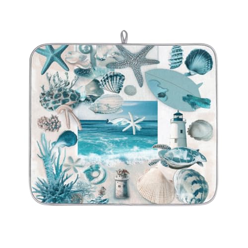 Mexpekil Ocean Seestern Korallenmuscheln Geschirrabtropfmatte, saugfähige Abtropfmatte für Küchentheke, rutschfeste Abtropfmatten für Geschirr, Regale, Tassen, Pfannen, 40,6 x 45,7 cm von Mexpekil