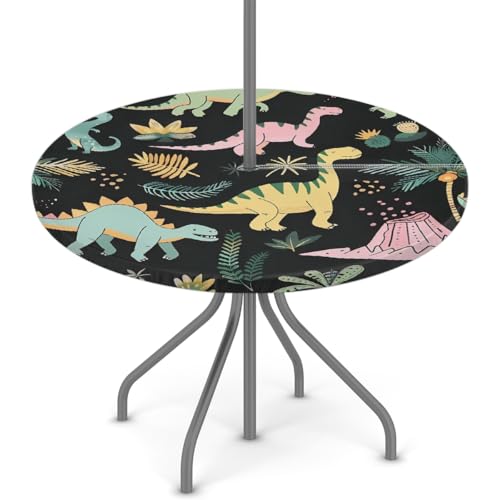 Mexpekil Outdoor-Tischdecke mit Schirmloch und Reißverschluss, Dinosaurier, Dino-Palmblatt, wasserdicht, rund, elastisch, für Terrasse, Garten, 91,4–111,8 cm Mexpekil Outdoor-Tischdecke mit Schirmloch und Reißverschluss, Dinosaurier, Dino-Palmblatt, wasserdicht, rund, elastisch, für Terrasse, Garten, 91,4–111,8 cm von Mexpekil