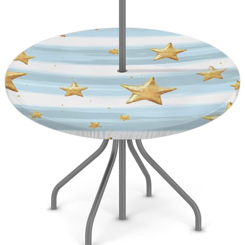 Mexpekil Outdoor-Tischdecke mit Schirmloch und Reißverschluss, goldene Sterne, hellblaues Streifenmuster, wasserdicht, rund, elastisch, für Terrasse, Garten, 114,3–142,2 cm Mexpekil Outdoor-Tischdecke mit Schirmloch und Reißverschluss, goldene Sterne, hellblaues Streifenmuster, wasserdicht, rund, elastisch, für Terrasse, Garten, 114,3–142,2 cm von Mexpekil