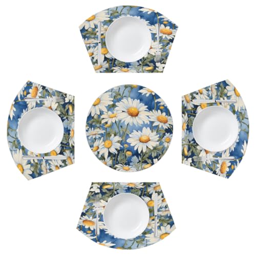 Mexpekil Platzsets mit Gänseblümchen-Blumenblättern, 4er-Set, für runde Tischkeile, mit Mittelstück, hitzebeständig, waschbar, Teller für Küche (5 Stück) von Mexpekil