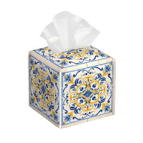 Mexpekil Quadratische Taschentuchbox-Abdeckung, antikes Fliesenmuster, Blumenornament, Textur, PU-Leder, wasserdicht, Taschentuchbox-Halter, Gesichtspapier, Taschentuchwürfel für Auto, Badezimmer, Mexpekil Quadratische Taschentuchbox-Abdeckung, antikes Fliesenmuster, Blumenornament, Textur, PU-Leder, wasserdicht, Taschentuchbox-Halter, Gesichtspapier, Taschentuchwürfel für Auto, Badezimmer, von Mexpekil