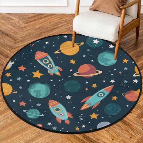 Mexpekil Runde Teppiche mit Cartoon-Weltraum für Wohnzimmer, waschbare Bodenmatte mit rutschfester Unterseite, 92 cm Durchmesser, runder Teppich, moderne Heimdekoration von Mexpekil