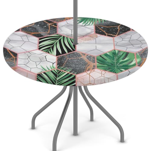 Mexpekil Runde Tischdecke aus Marmor mit geometrischen Blättern, mit Schirmloch und Reißverschluss, abwischbar, mit elastischem Rand, wasserdichter Tischschutz für Terrasse (passend für 114 - 142 cm Mexpekil Runde Tischdecke aus Marmor mit geometrischen Blättern, mit Schirmloch und Reißverschluss, abwischbar, mit elastischem Rand, wasserdichter Tischschutz für Terrasse (passend für 114 - 142 cm von Mexpekil