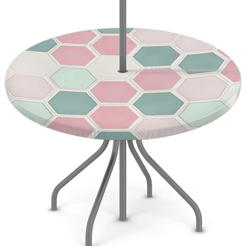 Mexpekil Runde Tischdecke im Retro-Sechskant-Stil mit Schirmloch und Reißverschluss, abwischbar, mit elastischem Rand, wasserdichter Tischschutz für Terrasse (passend für 114 - 142 cm große Tische) von Mexpekil