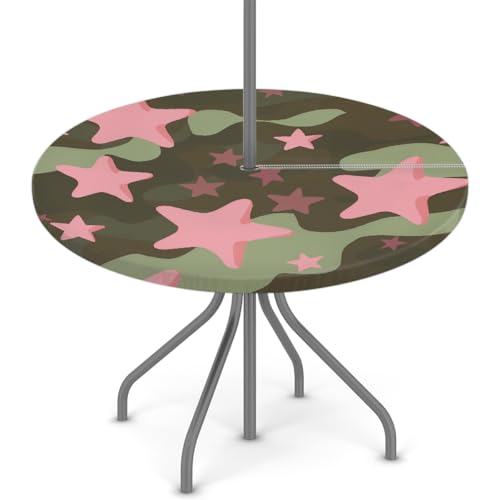 Mexpekil Runde Tischdecke mit Schirmloch und Reißverschluss, abwischbar, mit elastischem Rand, wasserdichter Tischschutz für Terrasse (passend für 91,4 - 111,8 cm) Tische, Pink Stars von Mexpekil