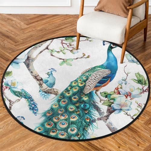 Mexpekil Runder Teppich für drinnen und draußen, 1,52 m, schöner Pfau, Retro, blauer Vogel, elegante Feder, niedriger Flor, Kreisteppich, rutschfester Teppich für Wohnzimmer, Couchtisch, Küche von Mexpekil