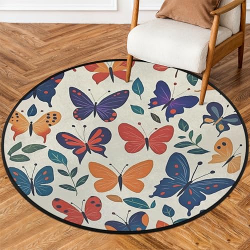 Mexpekil Runder Teppich für drinnen und draußen, 91 cm, Retro-Schmetterling, schöner Druck, niedriger Flor, Kreisteppich, rutschfester Teppich für Wohnzimmer, Couchtisch, Küche von Mexpekil