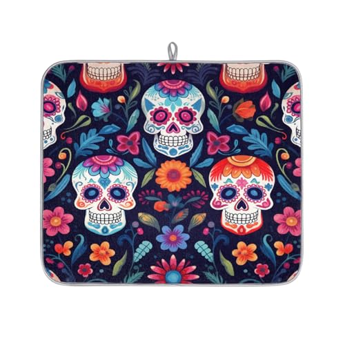 Mexpekil Sugar Skull Abtropfmatte mit Blumenmuster, saugfähige Abtropfmatte für Küchentheke, rutschfeste Abtropfmatten für Geschirr, Tassen, Pfannen, 40,6 x 45,7 cm von Mexpekil
