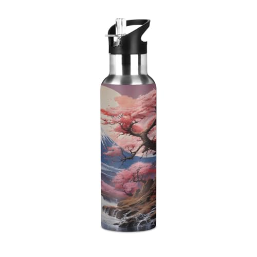 Mexpekil Thermosflasche mit Trinkhalmdeckel, 600 ml, Motiv: Japanische Bergblumen, Edelstahl, Thermosflasche, Vakuumflasche, auslaufsicher, für Reisen, Sport, Wasserflaschen für Laufen, Radfahren von Mexpekil