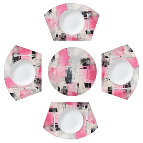 Mexpekil Tischsets mit abstrakter Textur, Rosa, Schwarz, Grau, 4 Stück, für runde Tischkeil-Tischsets mit Mittelstück, hitzebeständig, waschbar, Tellermatten für Küche (5 Stück) von Mexpekil