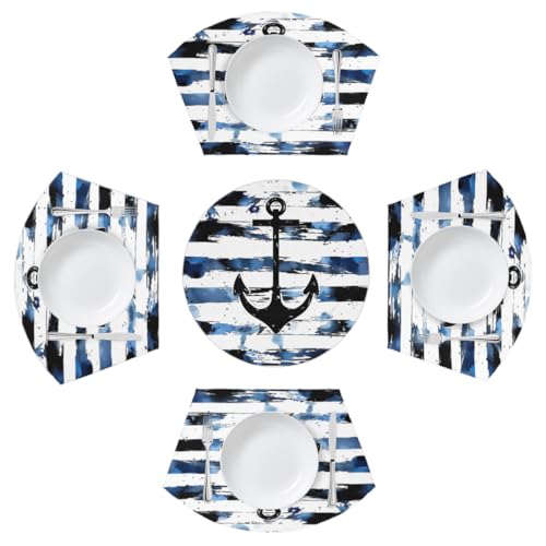 Mexpekil Tischsets mit maritimen Ankerstreifen, Set mit 4 Stück, für runde Tischkeile, mit Mittelstück, hitzebeständig, waschbar, Tellermatten für Küche (5 Stück) von Mexpekil