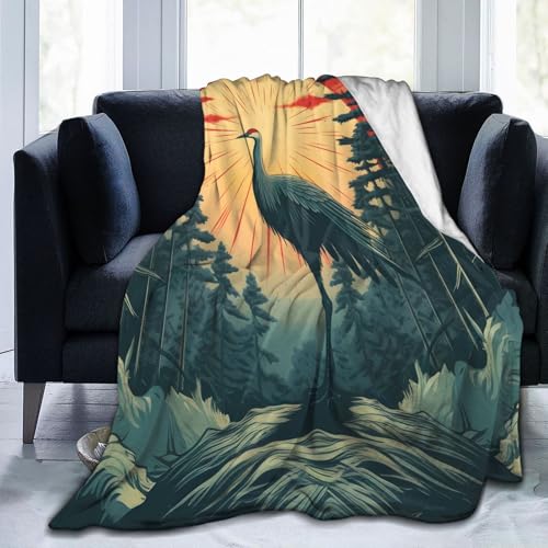 Mexpekil Überwurfdecke, chinesischer Kranich, Sonnenkunst, Fleecedecke, 203 x 152 cm, Anti-Pilling, gemütlicher Flanell-Überwurf für Sofa, Bett, Couch, Picknick, Reisen, maschinenwaschbar von Mexpekil